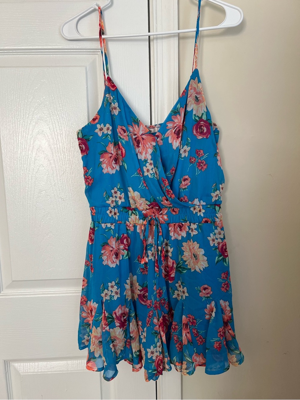Mi Ami Francesca's Blue Pink Floral Tie Elastic Waist Flowy Shorts Romper Large